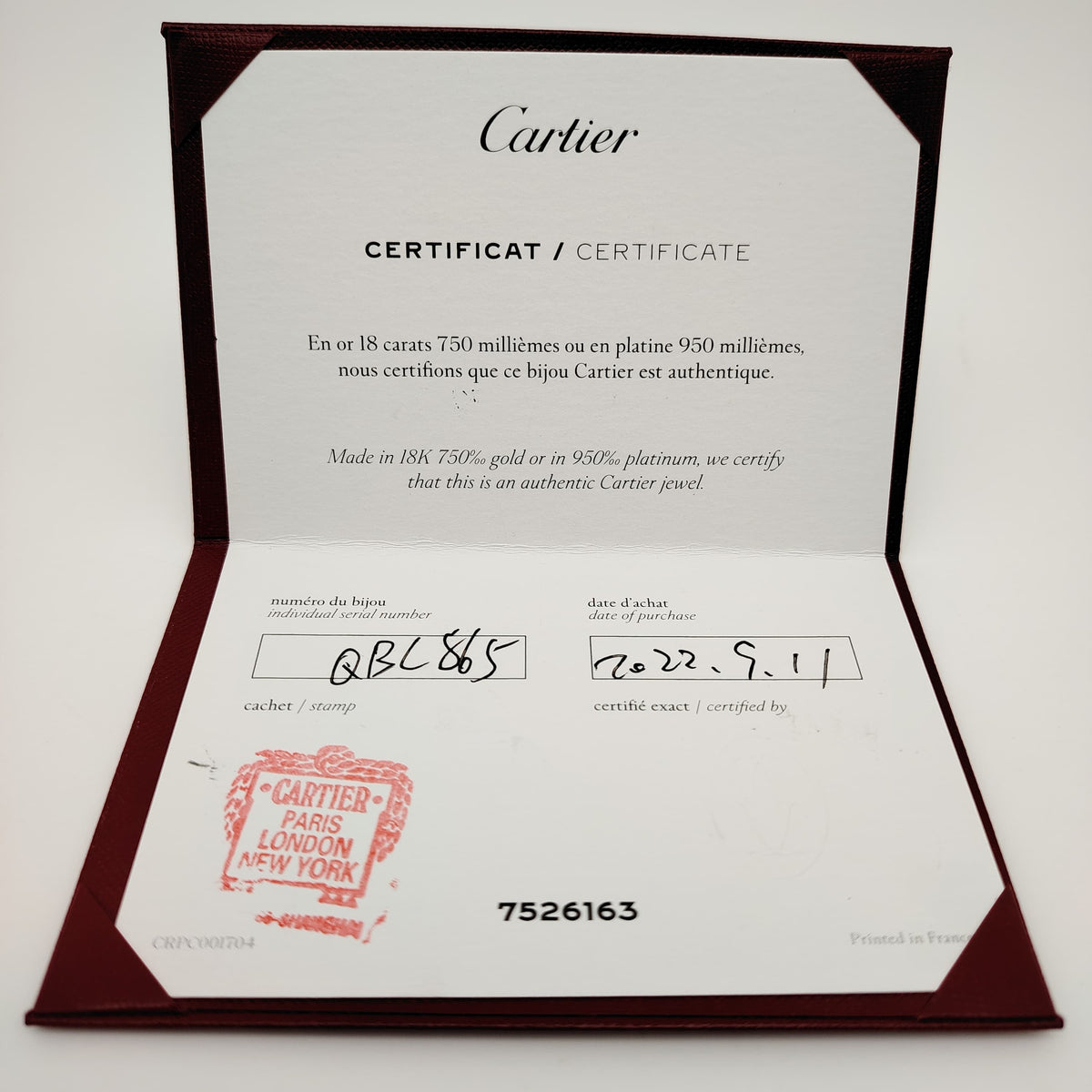Authentic Cartier Guarantee Certificate Juste Un Clou(Pre-owned / Filled Out) – Per Piece