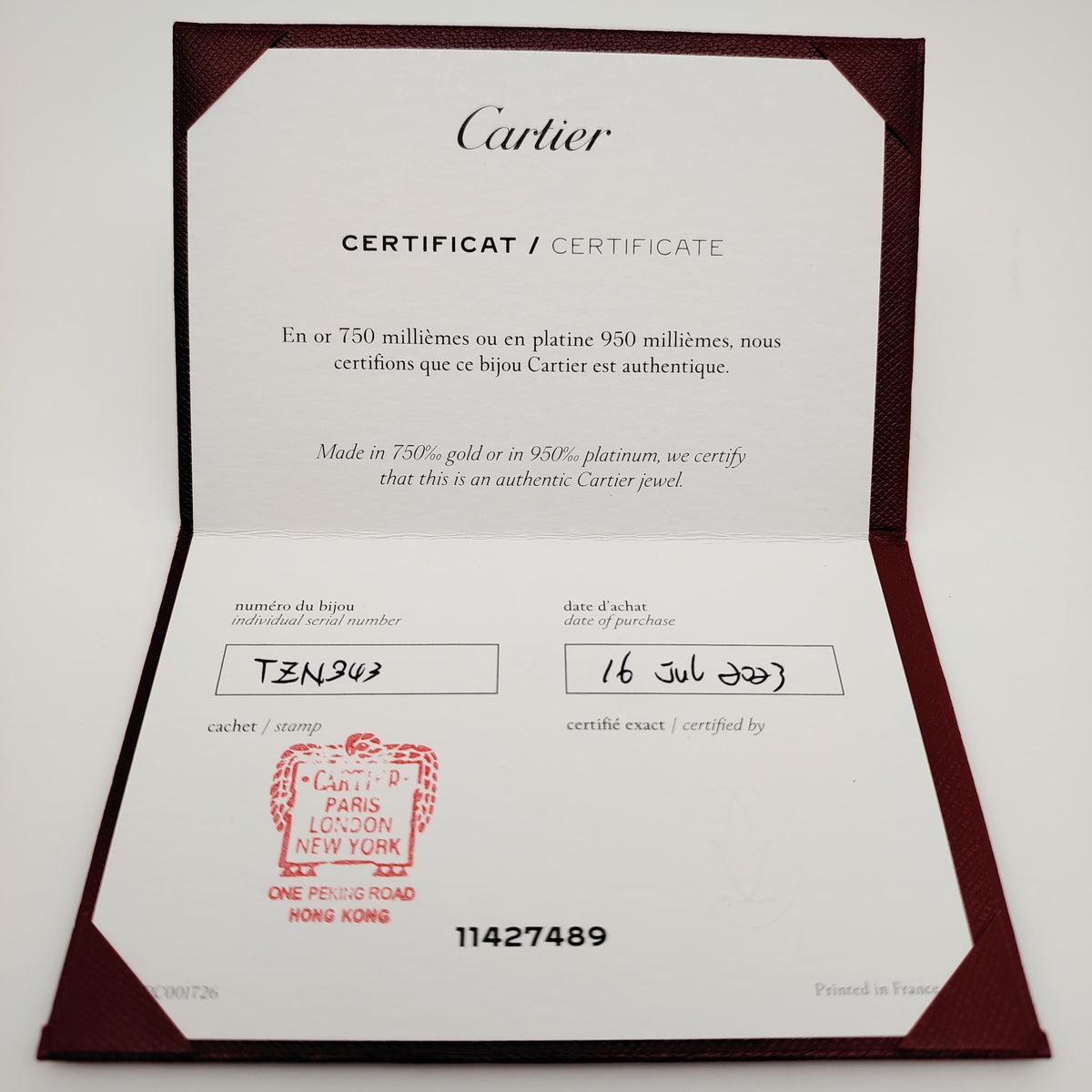 Authentic Cartier Guarantee Certificate Juste Un Clou(Pre-owned / Filled Out) – Per Piece