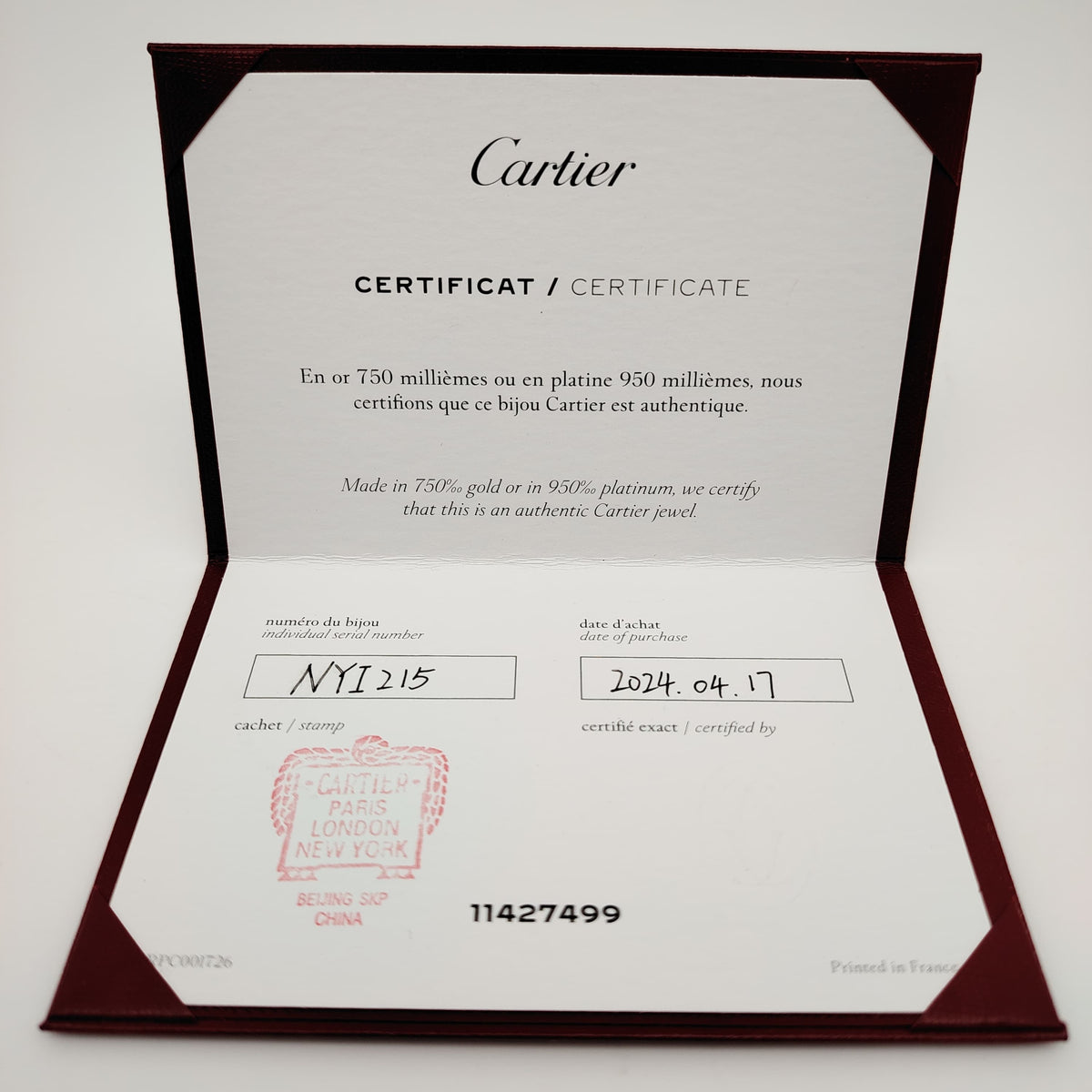 Authentic Cartier Guarantee Certificate Juste Un Clou(Pre-owned / Filled Out) – Per Piece