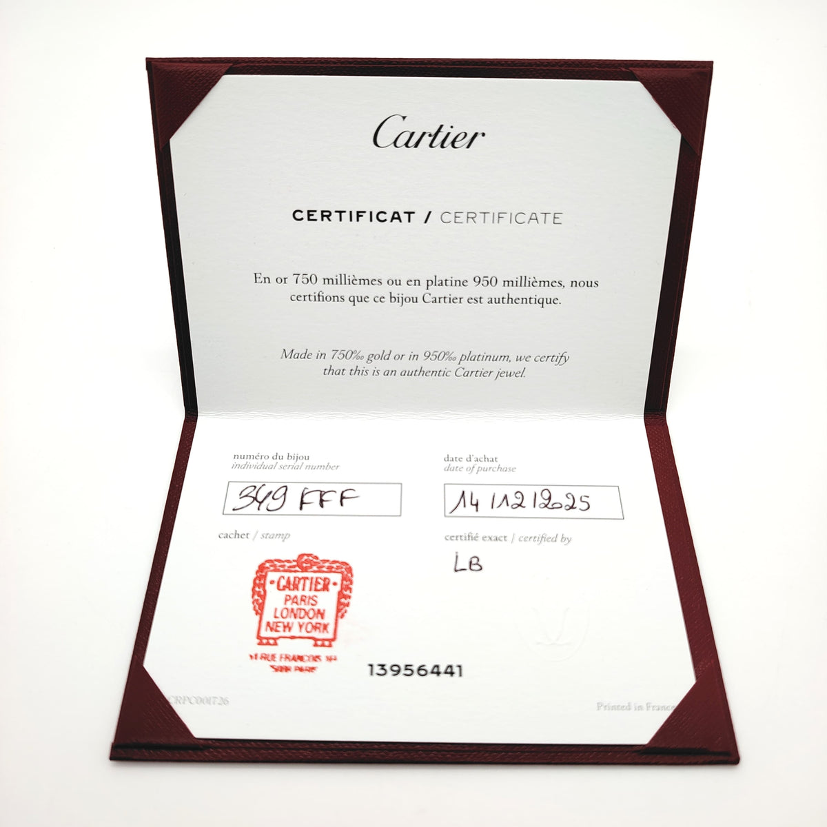 Authentic Cartier Guarantee Certificate Juste Un Clou(Pre-owned / Filled Out) – Per Piece