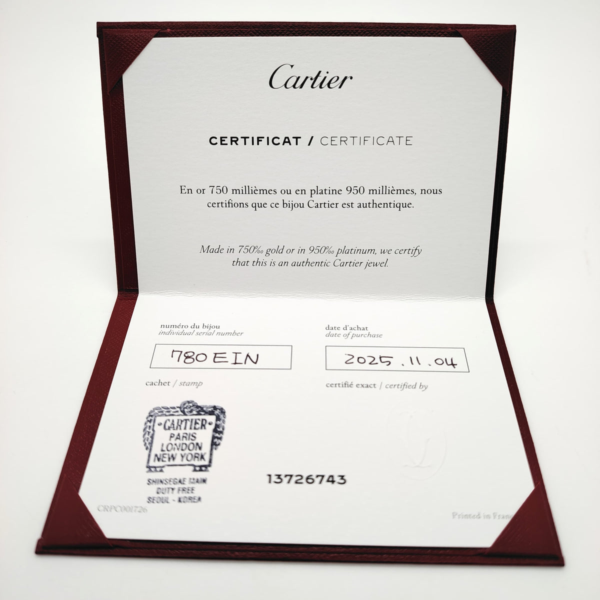 Authentic Cartier Guarantee Certificate Juste Un Clou(Pre-owned / Filled Out) – Per Piece