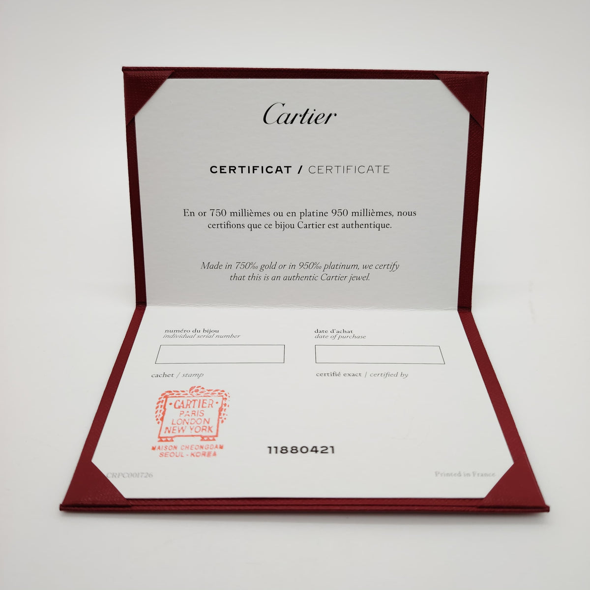 Cartier Certificate NEW (Blank Fill in Your Codes and Date)