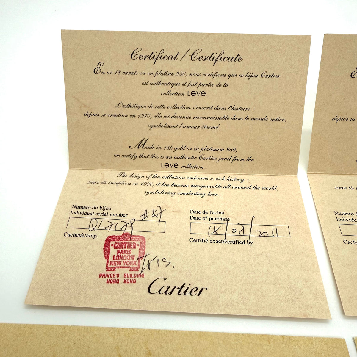 Authentic Cartier Guarantee Certificate (Pre-owned / Filled Out) – Per Piece