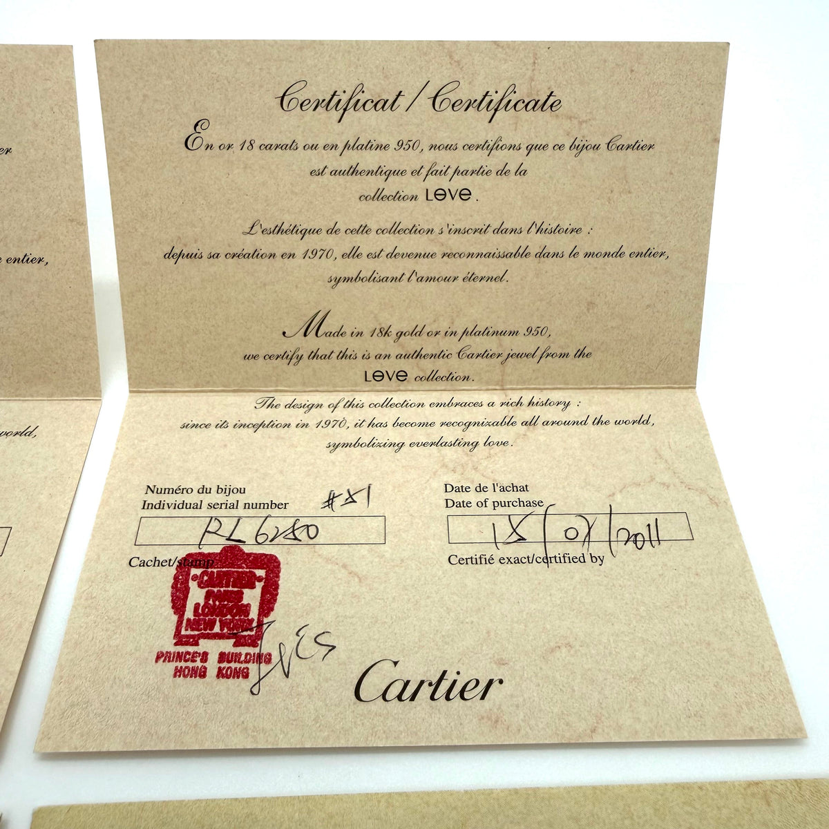 Authentic Cartier Guarantee Certificate (Pre-owned / Filled Out) – Per Piece