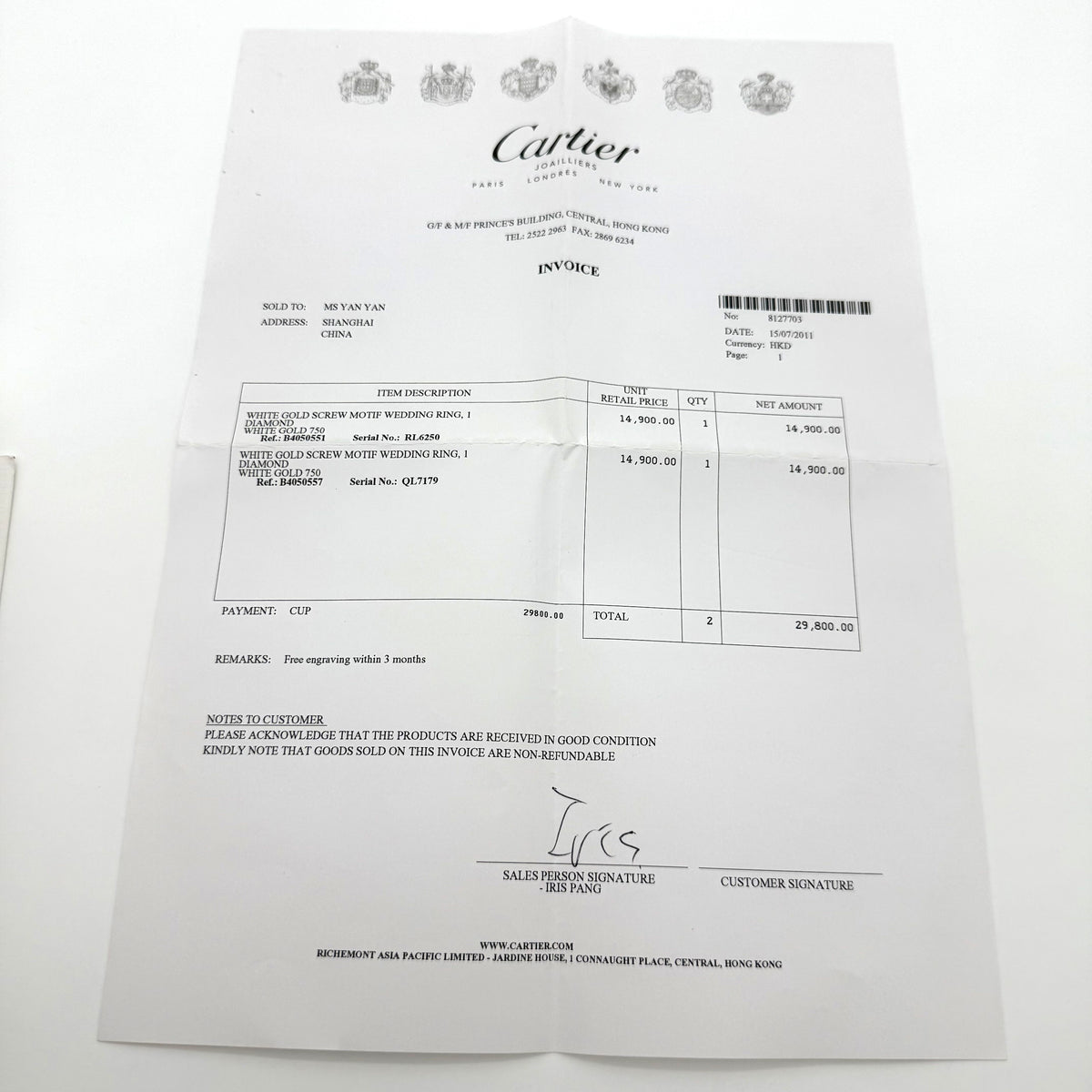 Authentic Cartier Guarantee Certificate (Pre-owned / Filled Out) – Per Piece