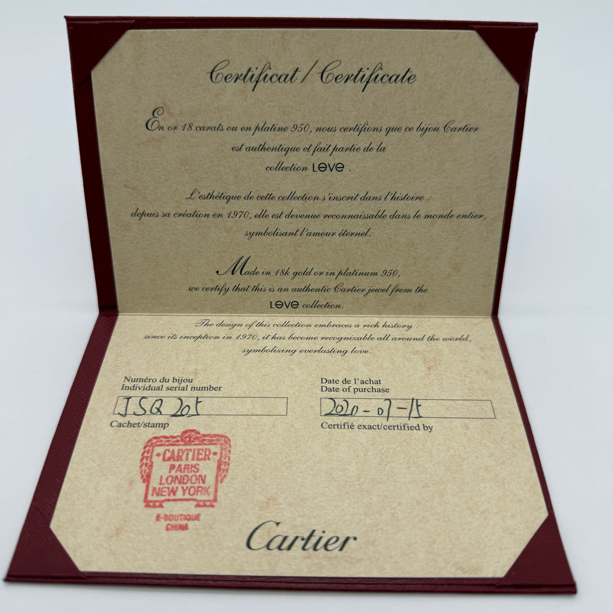Authentic Cartier Guarantee Certificate (Pre-owned / Filled Out) – Per Piece