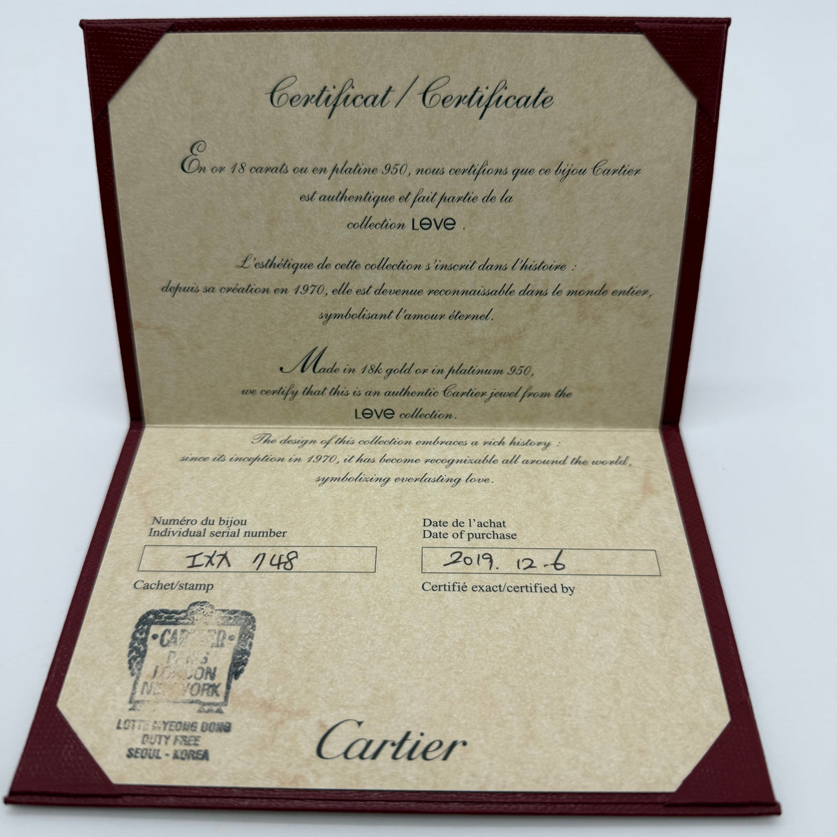Authentic Cartier Guarantee Certificate (Pre-owned / Filled Out) – Per Piece