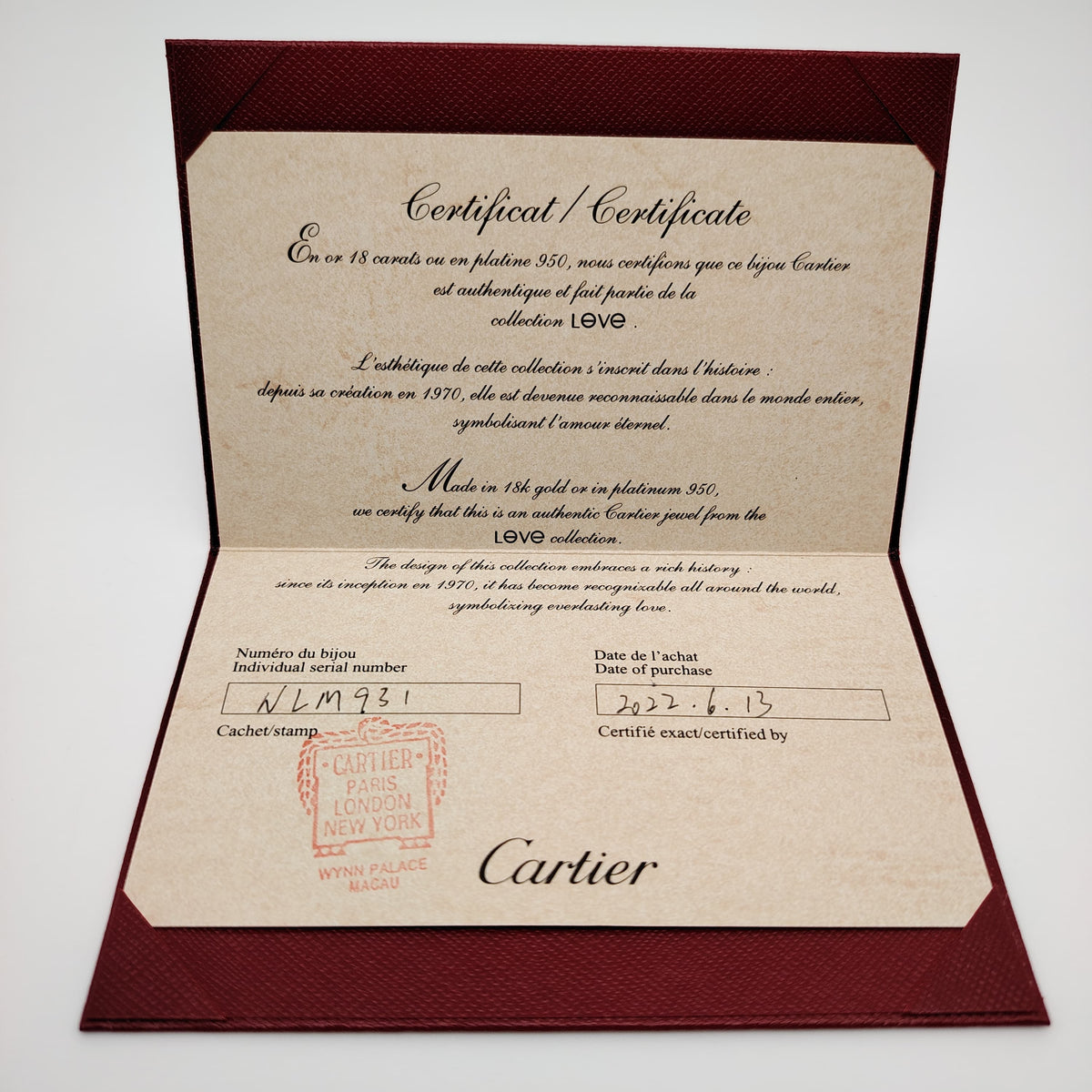 Authentic Cartier Guarantee Certificate (Pre-owned / Filled Out) – Per Piece
