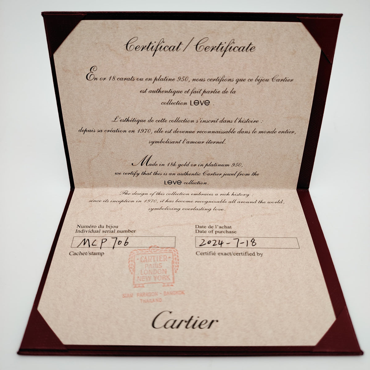 Authentic Cartier Guarantee Certificate (Pre-owned / Filled Out) – Per Piece