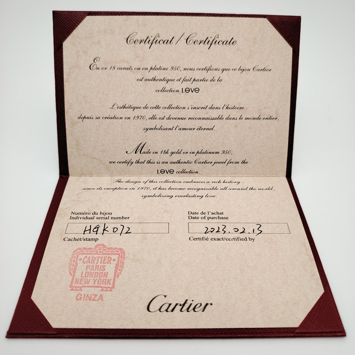 Authentic Cartier Guarantee Certificate (Pre-owned / Filled Out) – Per Piece