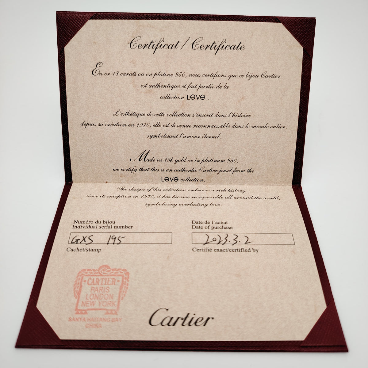 Authentic Cartier Guarantee Certificate (Pre-owned / Filled Out) – Per Piece