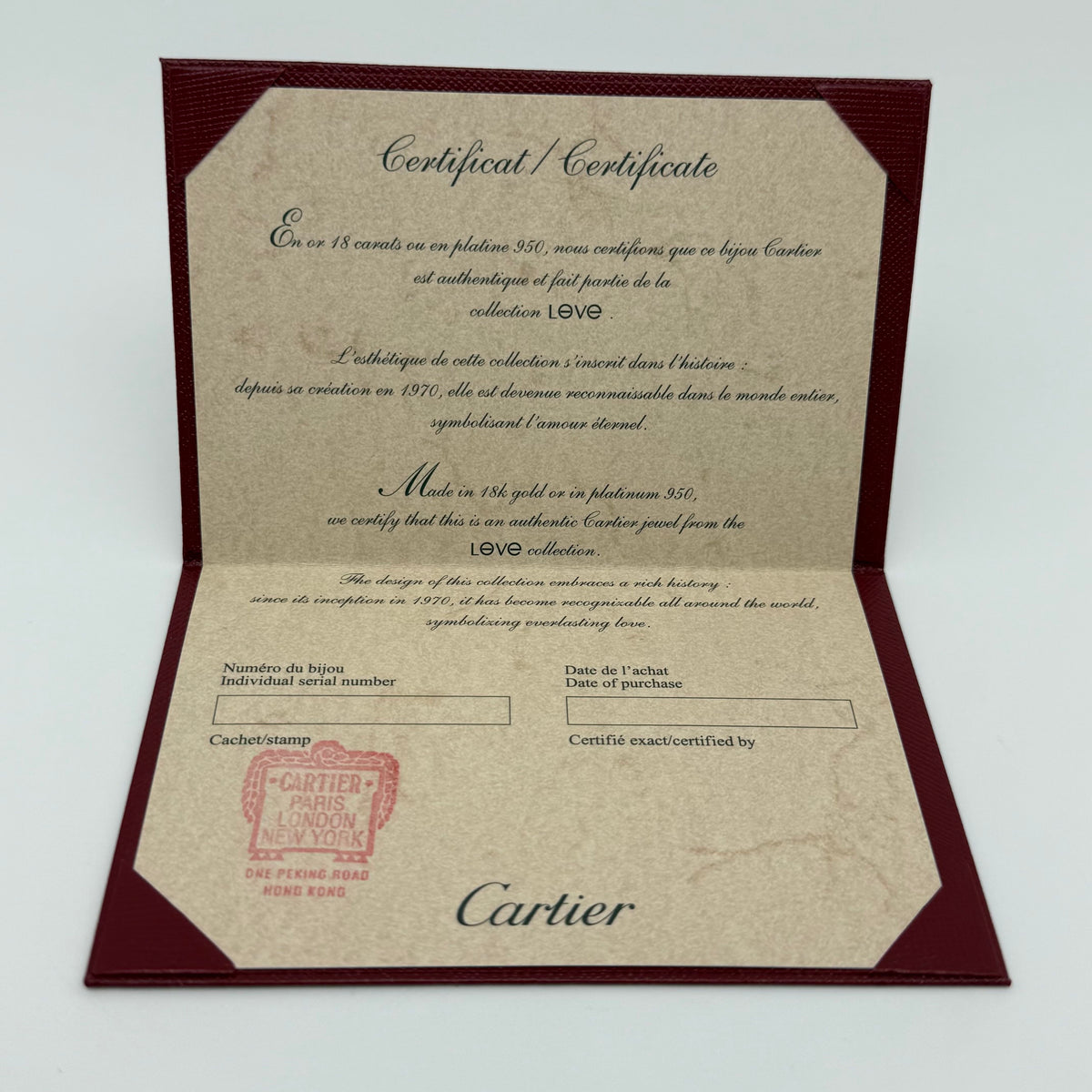Cartier Love Certificate Brand New